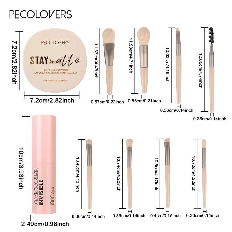 10 stk alt-i-én base makeup kit pore minimerende primer stick mat setting pulver og 8 stk professionel makeup børster sæt — image 4