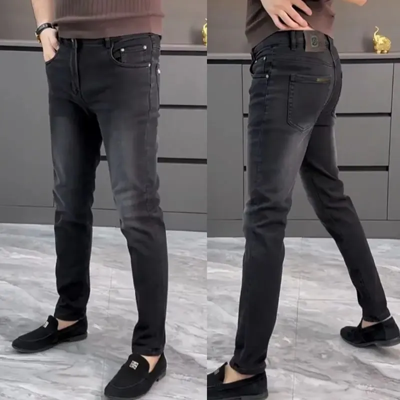 High-end Jeans erkek İlkbahar ve Yaz Çok Yönlü Ince Pantolon Siyah Trendy Marka İş Pantolon Erkek Giyim Düşük Rise Jeans
