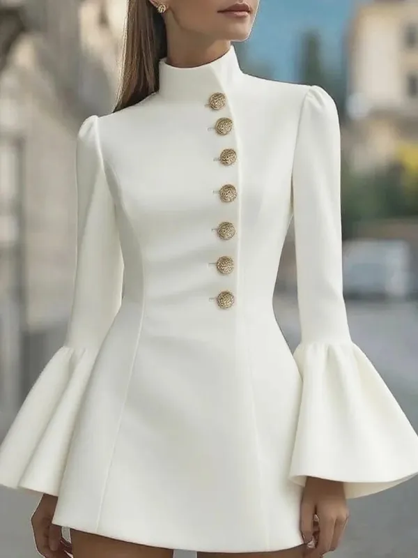 Autumn temperament slim solid colour stand-up collar flared sleeve single-breasted suit dress