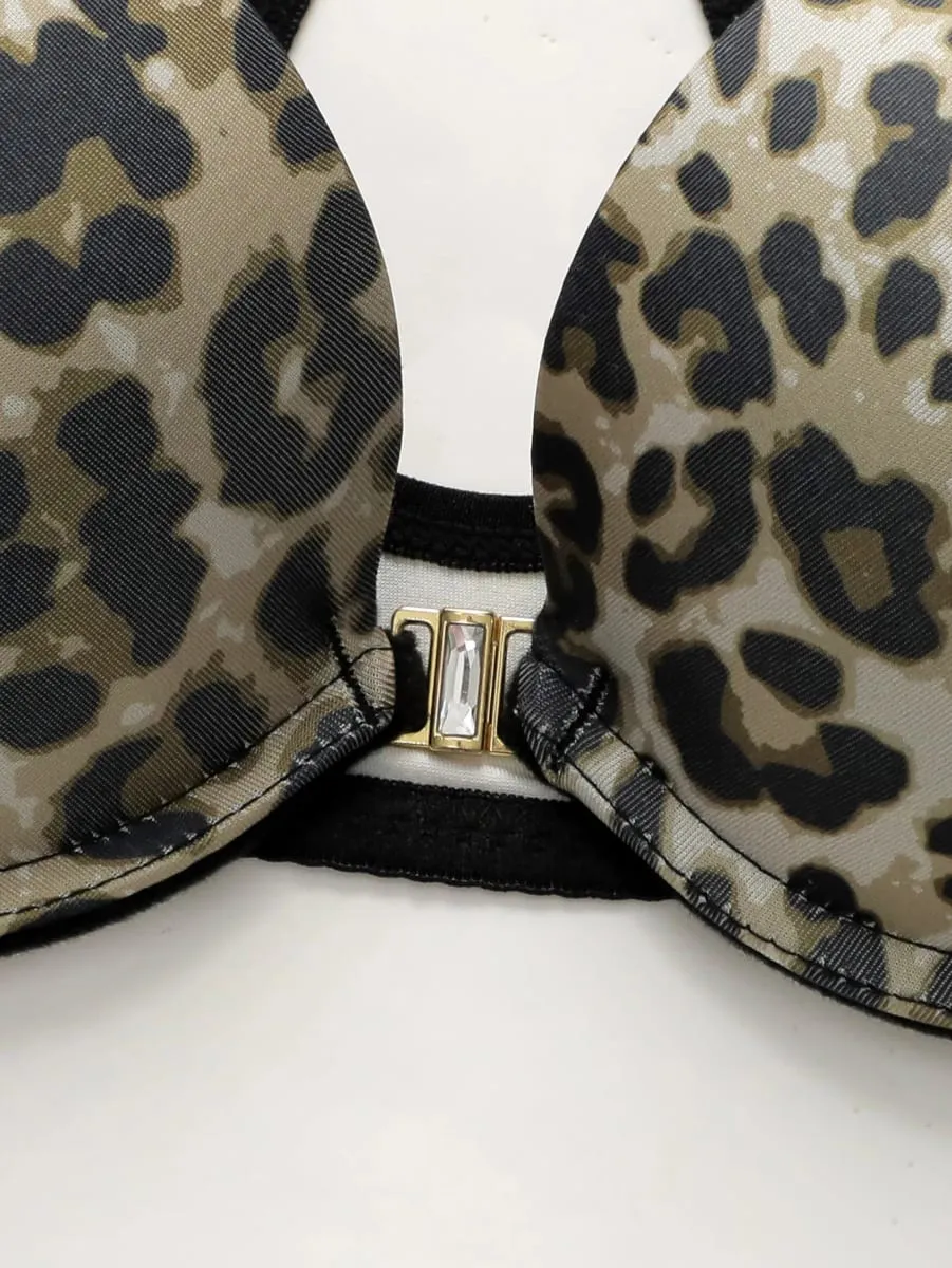 Set pakaian dalam seksi wanita Bra pola macan tutul dengan penutup depan cincin baja celana dalam berenda yang nyaman dan sejuk