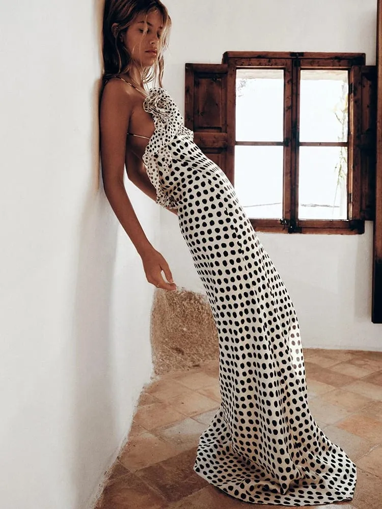 MO Sexy Rückenfreies Drucken Punkte Blume Frauen Maxi Kleid Spaghetti Strap Abendkleid Herbst Dünne Elegante Party Clubwear — image 2