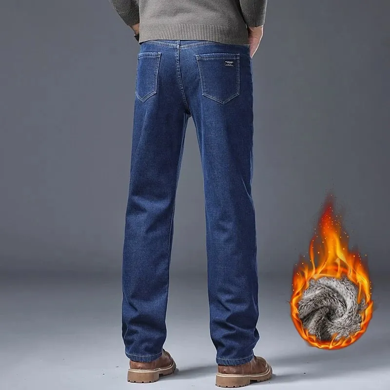 Jeans addensati foderati in pile da uomo Pantaloni in denim slim fit elasticizzati caldi invernali Pantaloni morbidi e comodi per l'abbigliamento da lavoro quotidiano — image 4