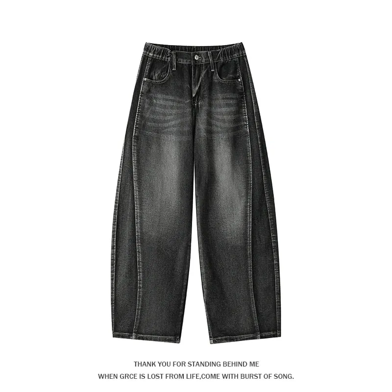 Jeans denim curvi da uomo taglie forti Pantaloni streetwear larghi larghi fino al pavimento con giunture lavate High Street retrò — image 2