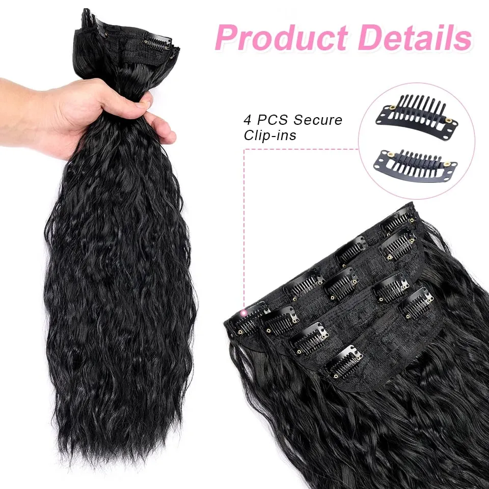 4pcs / set clip dans les extensions de cheveux naturel noir maïs ondulé 20 '' longs bouclés épais postiches synthétiques pour femmes filles fête quotidienne — image 4