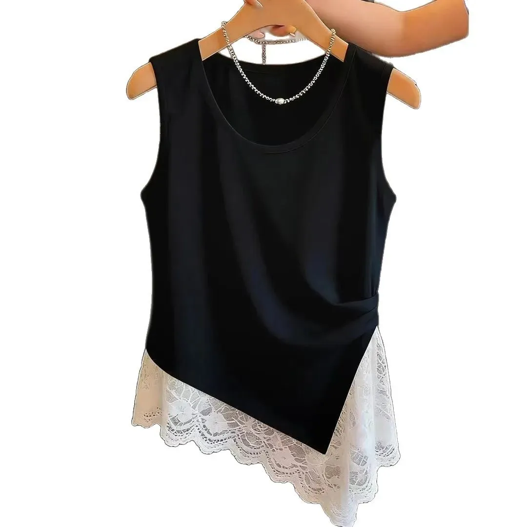 Vêtements de grande taille pour femmes, nouveau design plissé, sens de la dentelle, épissage de dentelle, gilet irrégulier, printemps et été — image 5