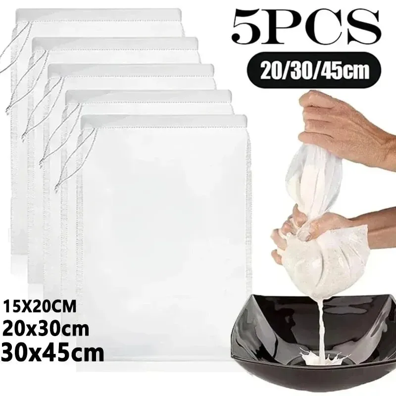 1/3/5Pcs 재사용 가능한 너트 밀크 백 스트레이너 표백되지 않은 나일론 치즈 천 가방 식품 치즈 요구르트 필터 주방 파인 메쉬 스트레이너 — image 1