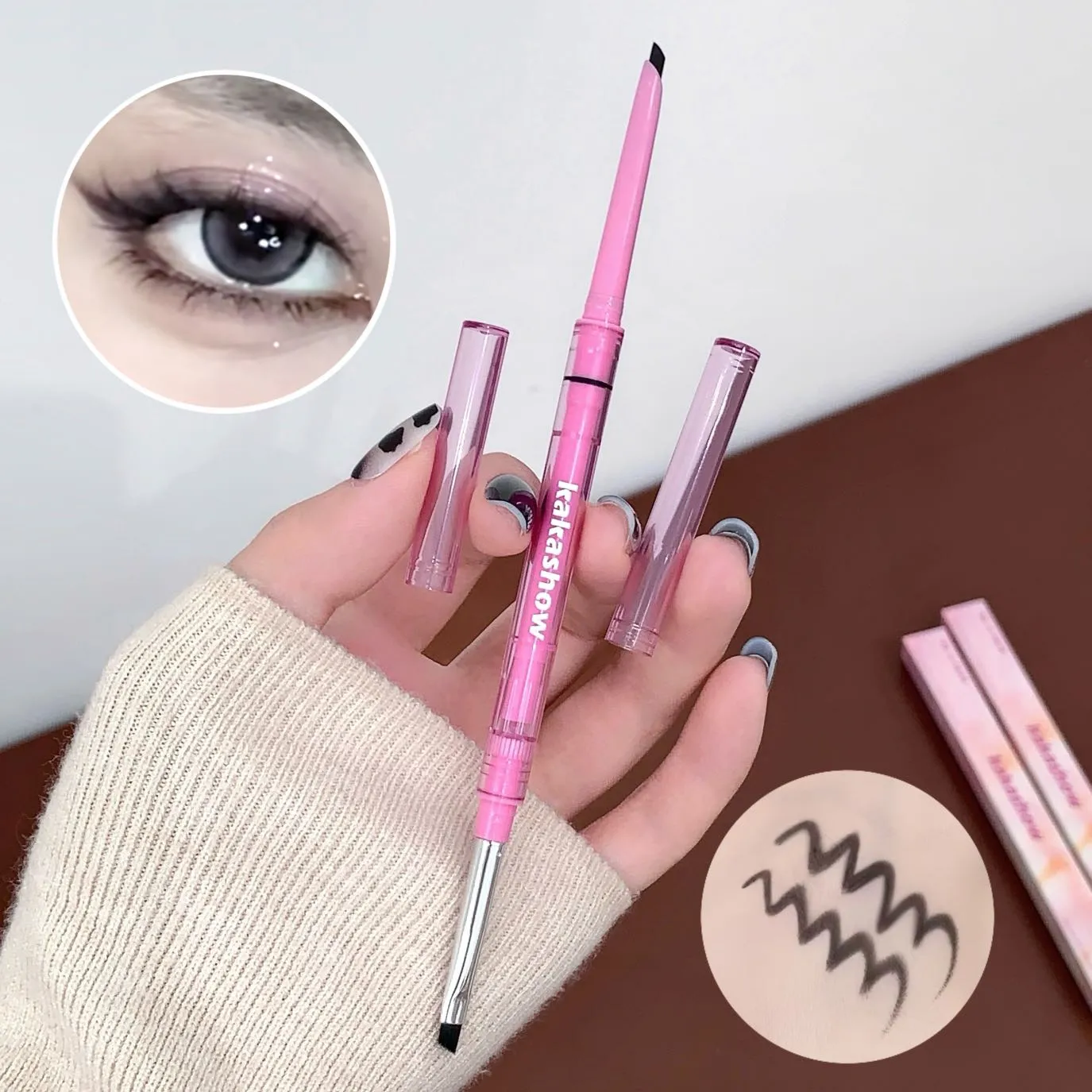 Double-headed Natural Black Eyeliner Gel with Brush Smudge-Proof Waterproof Creamy Smooth Rose Pink for Brows & Under Eye Makeup — image 4