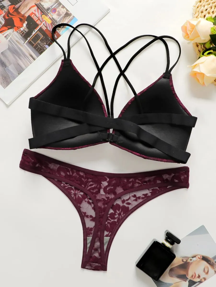 เซ็กซี่ Burgundy ลูกไม้สีแดงไร้สายปิดด้านหน้า Bra ชุด Push Up Bralette & G-String ผู้หญิงโรแมนติกชุดชั้นในชุด 70B-85B — image 2