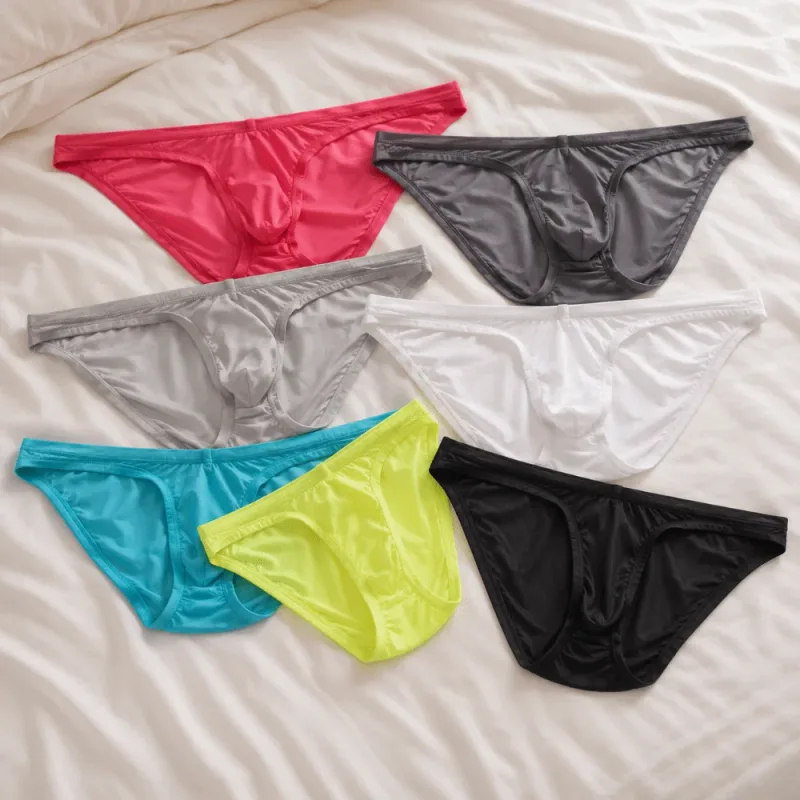 Slip respirant taille basse en soie glacée, Lingerie transparente, slip de Bikini en maille Ultra-fine, culotte Triangle pour hommes, été — image 13