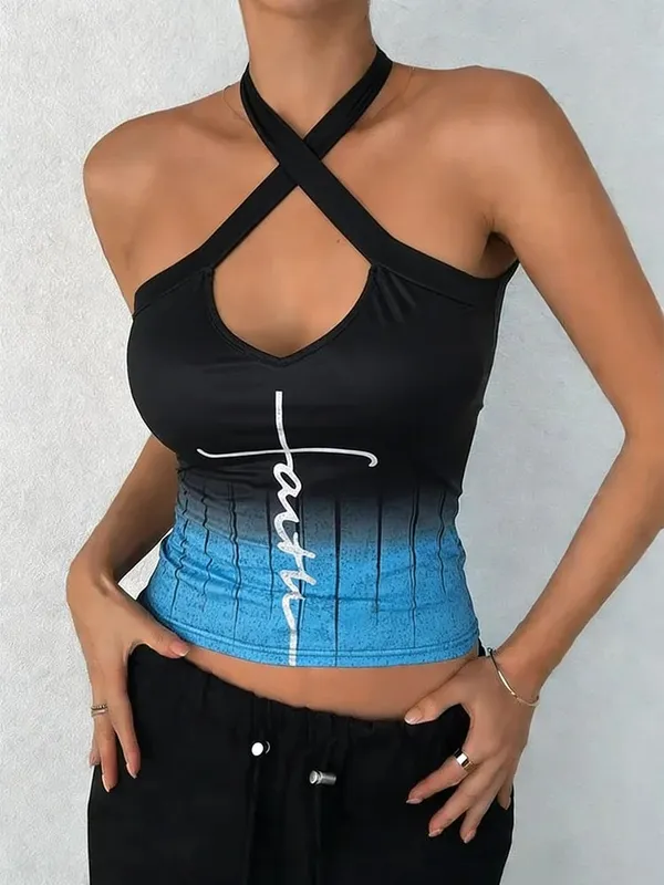 Damskie Tank top Wiosna Lato Czarny Niebieski Gradient Wiązany na szyi Krzyż W serek Wycięcie Odręczne Litera Szczupła Przycięte Szykowny Codzienny Casual — image 2