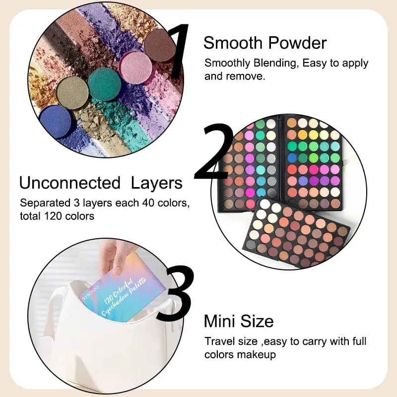 Kit de maquillage 3 pièces, Palette de fard à paupières 120 couleurs avec 8 pinceaux de maquillage et bol de nettoyage de brosse pliable en Silicone pour les fêtes quotidiennes — image 5