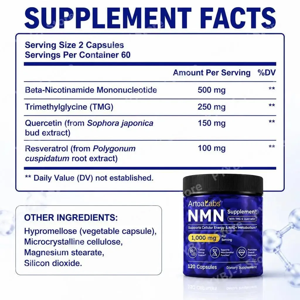 NMN Capsules NAD+ et soutien énergétique cellulaire avec TMG Quercétine Resvératrol Fonction mitochondriale et santé antioxydante 120 unités — image 6