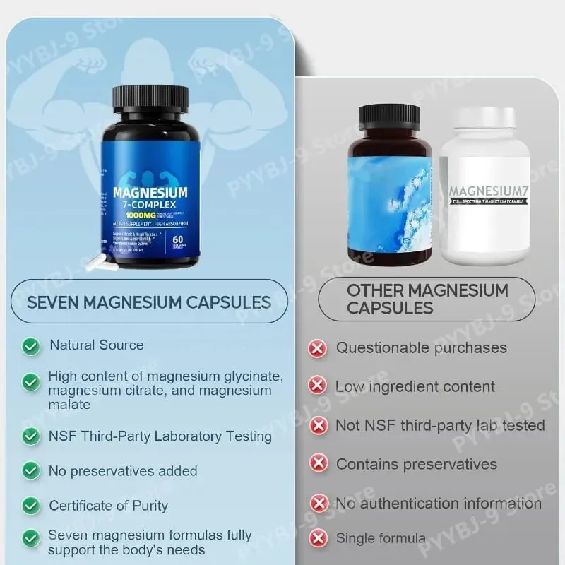 Suplemento complejo de magnesio 7 con glicinato, citrato, malato, quelato, zinc, vitamina D3 B6 para el alivio muscular del sueño, 60 cápsulas — image 4