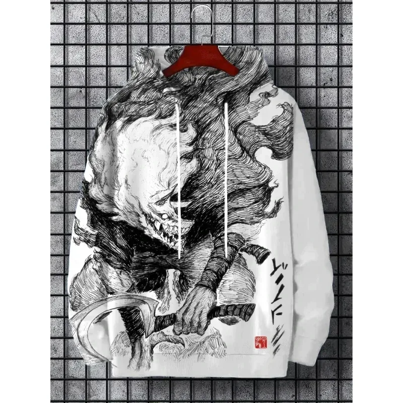 3d impresso ondas macarrão moletom com capuz para homens legal lobo padrão manga longa topos moletom casual harajuku pulôver solto hoodies — image 3