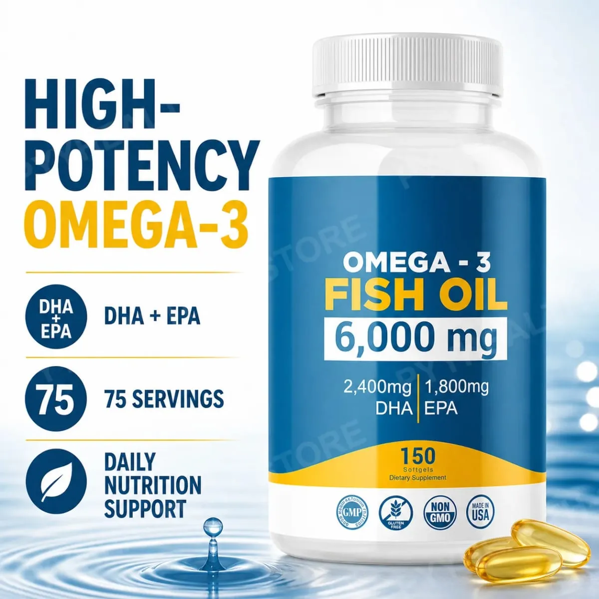 Omega-3 Olio di pesce 6000 mg Capsule molli Alto DHA Formula EPA 2400 mg DHA 1800 mg EPA Non OGM 150 capsule Cuore Cervello Supporto nutrizionale — image 1