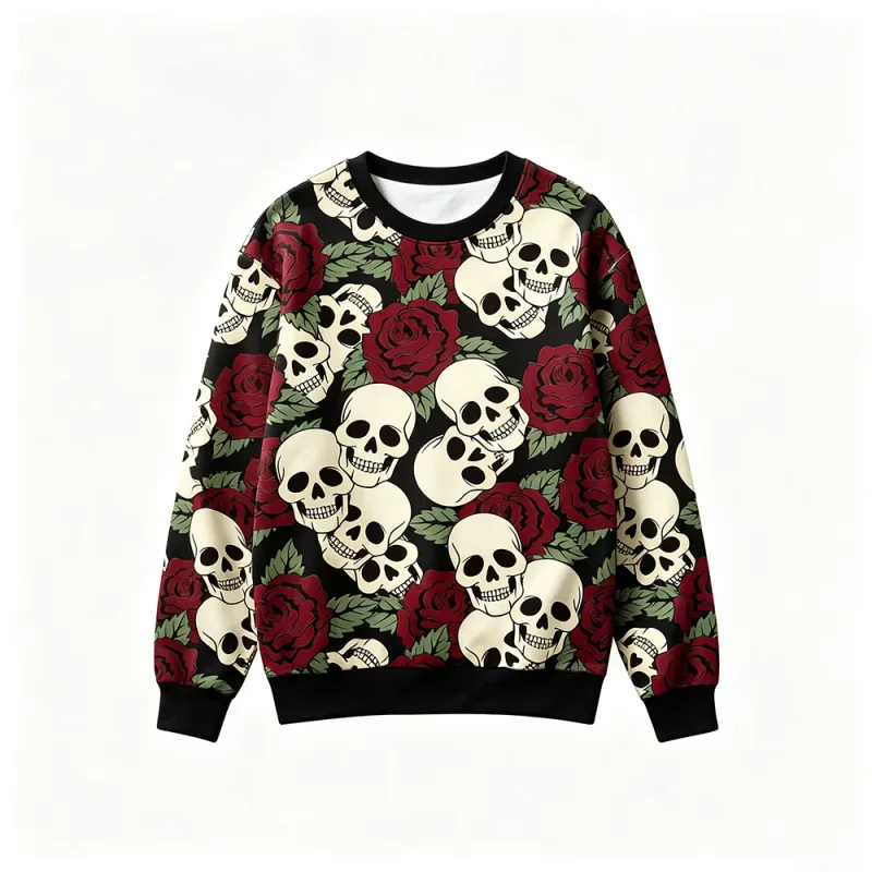 Gothic Style Skeleton Rose Print Sweatshirt Men's Retro Casual Crew Neck Pullover Clothes Harajuku Hip‑hop Street Fashion Tops — image 3