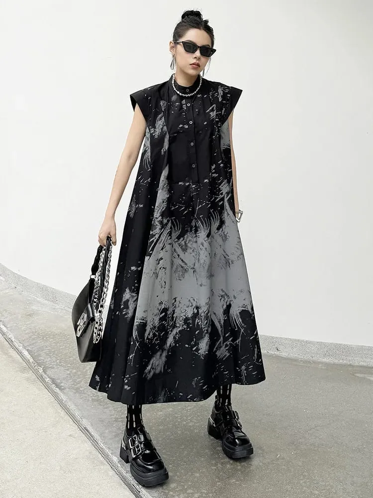 [EAM] Women Black Pattern Printed Big Size Midi Shirt Dress New Stand Collar Sleeveless Fashion Tide Spring Summer 2026 1DH5837