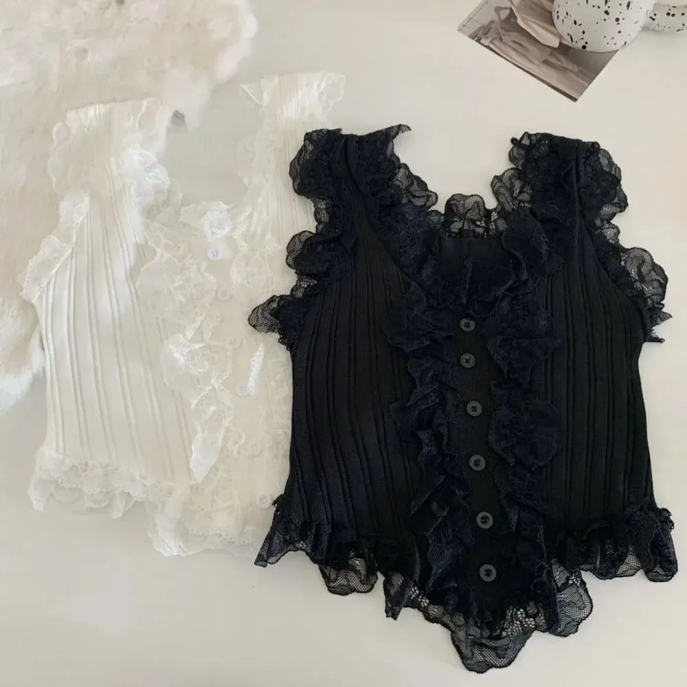 Cute Y2k Lace Knitted Crop Top Tank Korean Style Women's Knit Vest Top Undershirt Sweet Sleeveless Camisole Summer — image 2