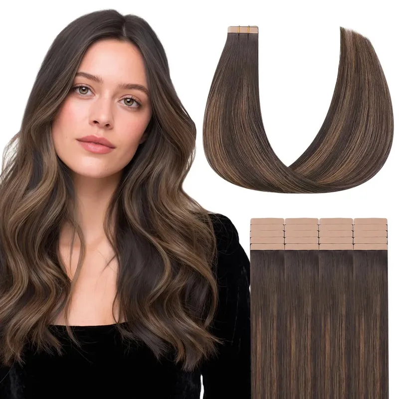 Sunmofavo Tape I Remy Human Hair Extensions Tyk Silkeagtig Lige Naturlig Brun Usynlig Tape 20 Stk Salon Grade Til Kvinder