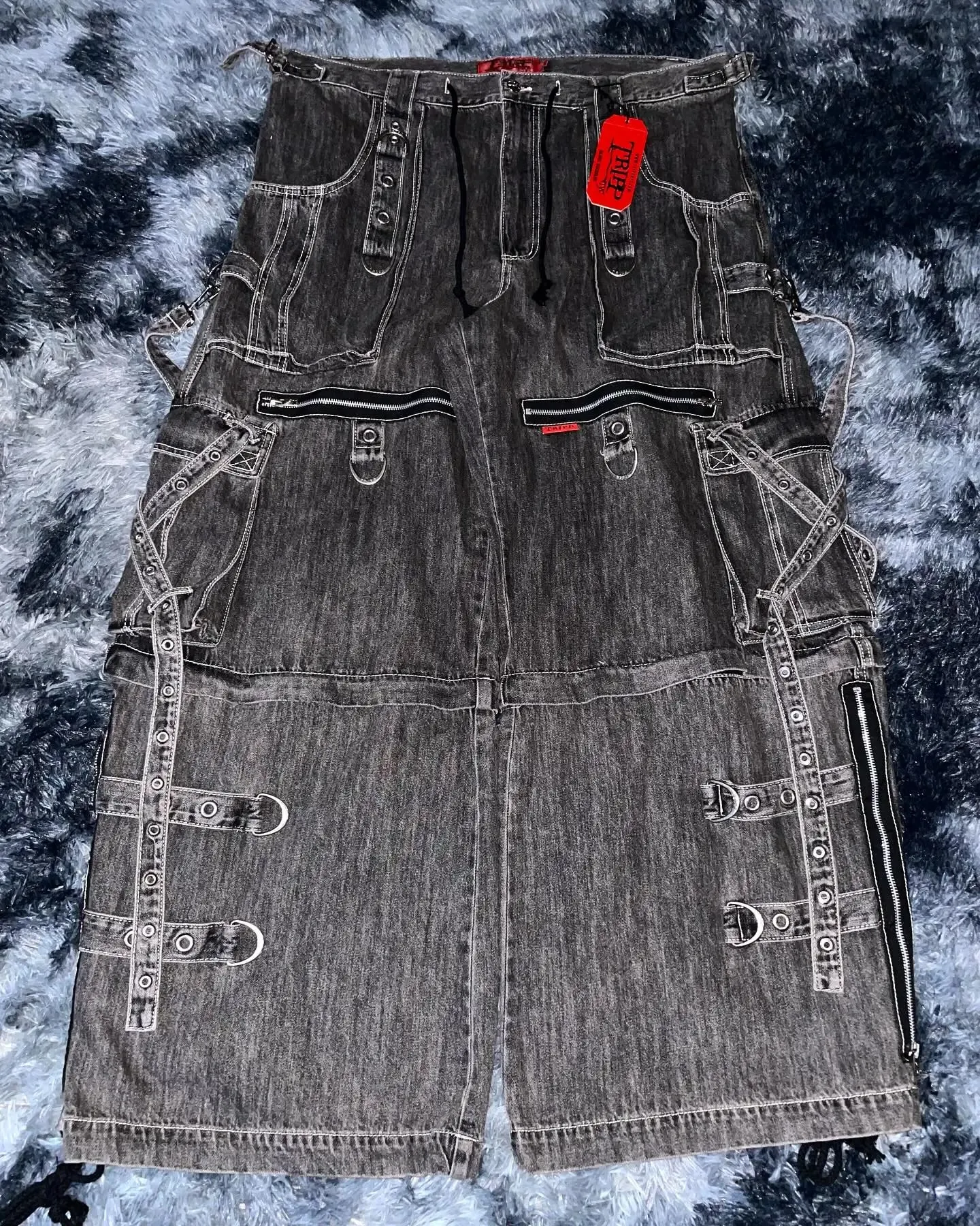 Lelaki Gothic Punk Strap Denim Cargo Pants Black Multi Buckle Longgar Fit Streetwear Fesyen Bandar Bergaya Dibasuh Jeans Kasual Vintaj — image 3