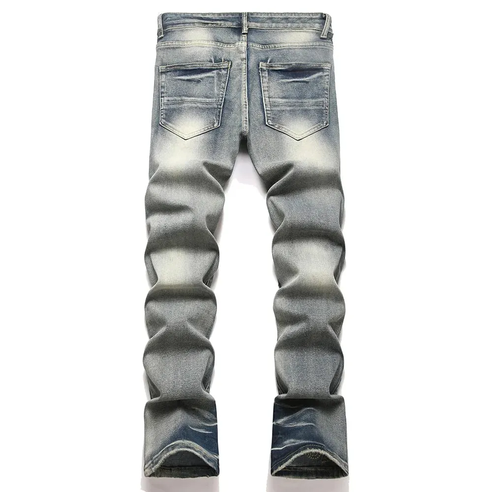 Män Slim Boot Cut Denim Jeans Punk Nit Patch Stretch Byxor Streetwear Blå utsvängda byxor — image 2