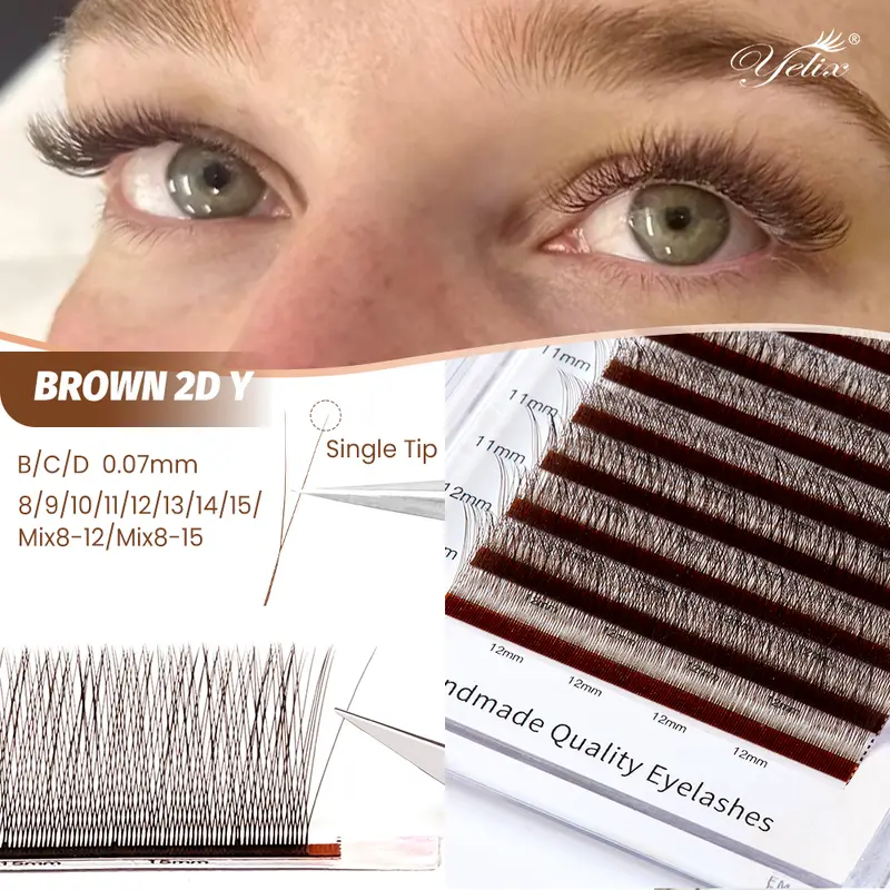 Yelix Brown 2D Y vorgefertigte Wimpernverlängerungen mit einer Spitze, natürlich, dick, weich, kein lockerer Ansatz, einfache Fächersalon-Wimpern, Cilios Y