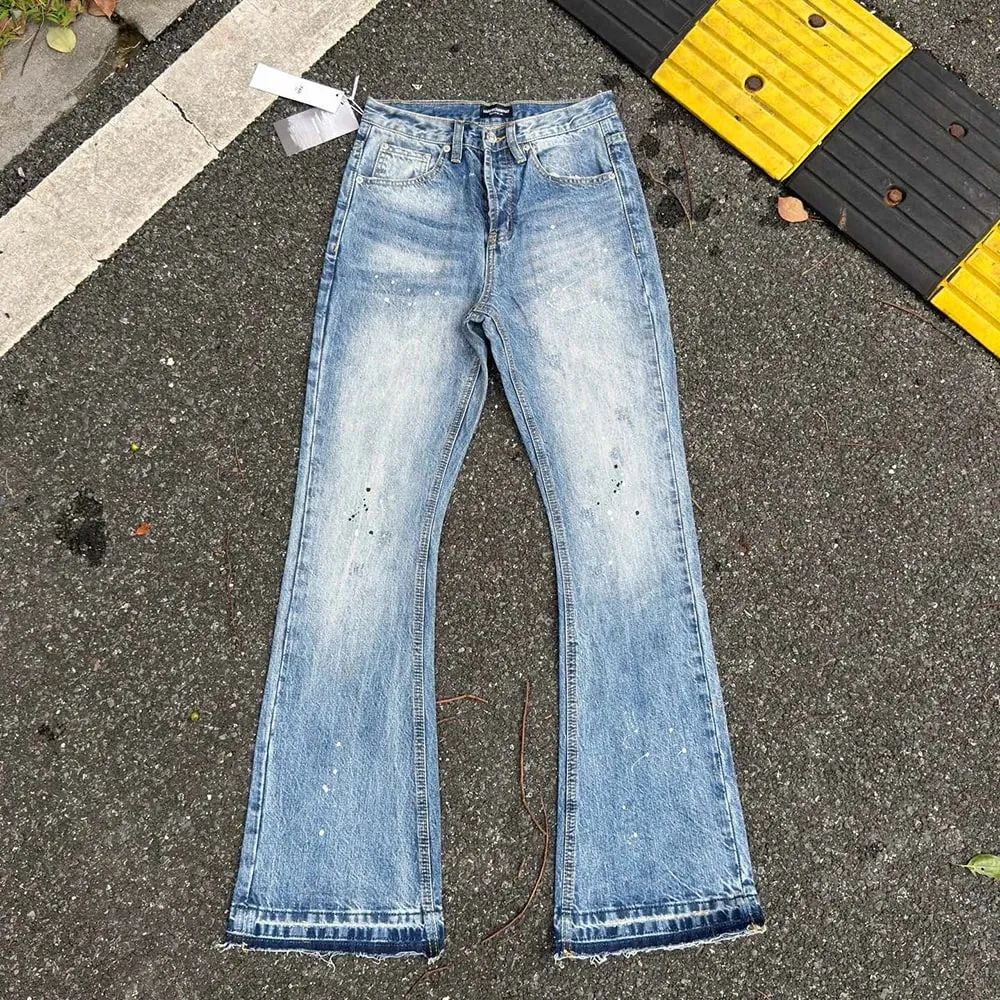 Pantalon en Denim Micro Flare délavé à l'eau lourde rétro bleu éclaboussures d'encre pantalon en jean Baggy droit pour hommes et femmes coupe de botte — image 4
