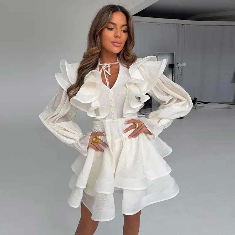 ผู้หญิงสีทึบ Ruffle ชั้นมินิเดรสแขนยาว V คอชีฟองแฟชั่นชุด 2026 ฤดูร้อน Elegant Lady Party Chic ชุด