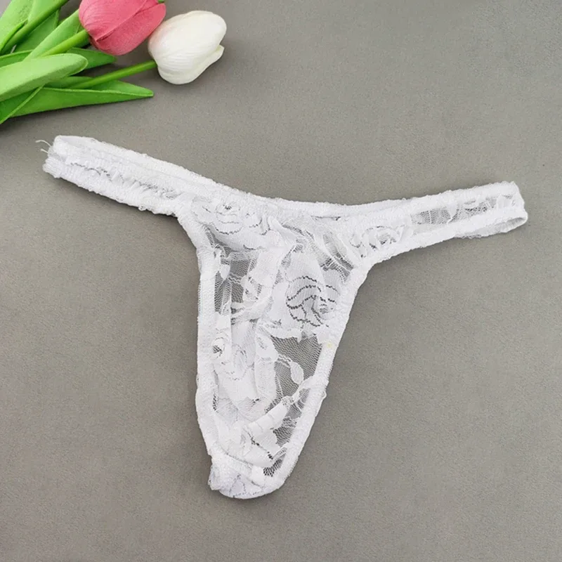 Lace Floral Sexy Men's Underwear Solid Hollow Perspective Thong Comfort Bugle Enhance Sissy G-String Gay Low Rise T-back Panties — image 3