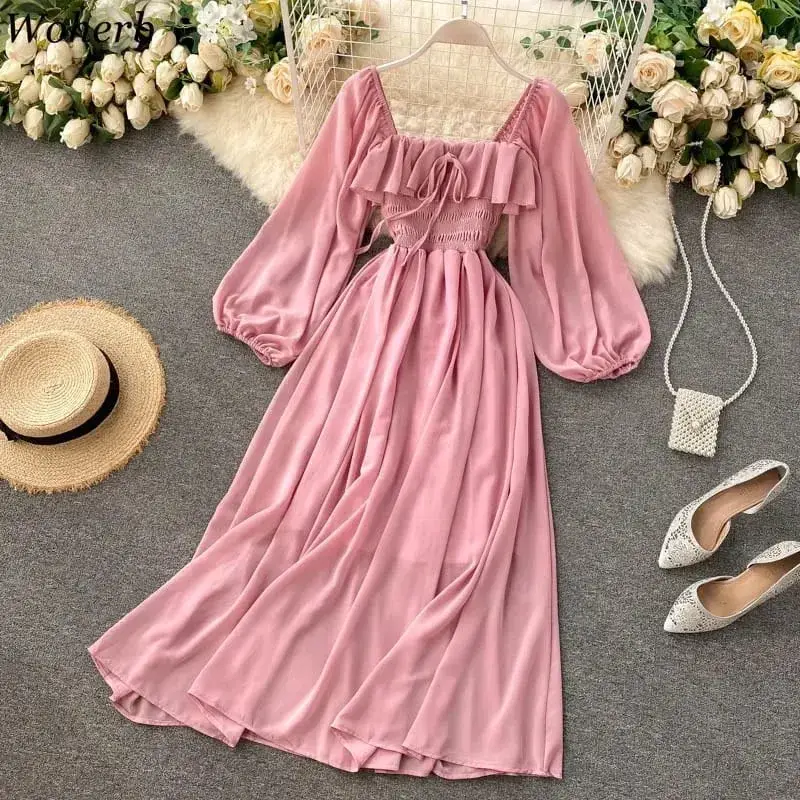 Chic Eleganter Platz Kragen Maxi Kleid Frauen Solide Chiffon Puff Sleeve Kleider 2026 Strand Party Robe Vintage Rüschen Vestidos Y2k — image 2