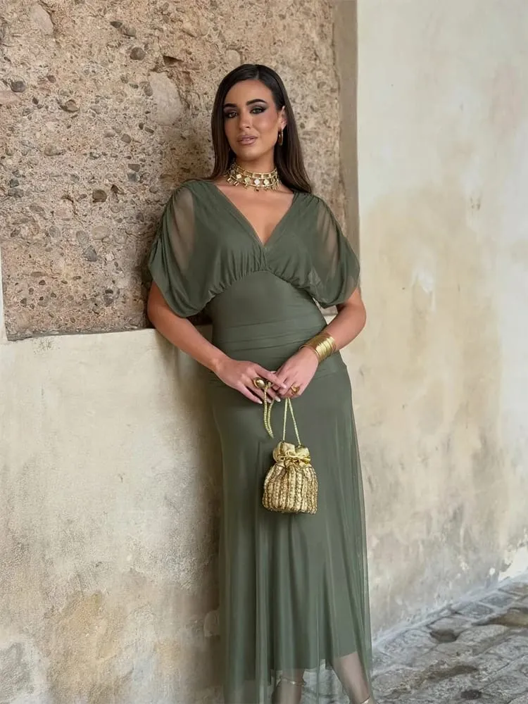 ผู้หญิงลึก V คอตาข่ายยาวชุดพัฟแขนสั้น Ruched เอวสูง Vestidos 2026 ฤดูร้อน Lady Casual street Robe — image 5