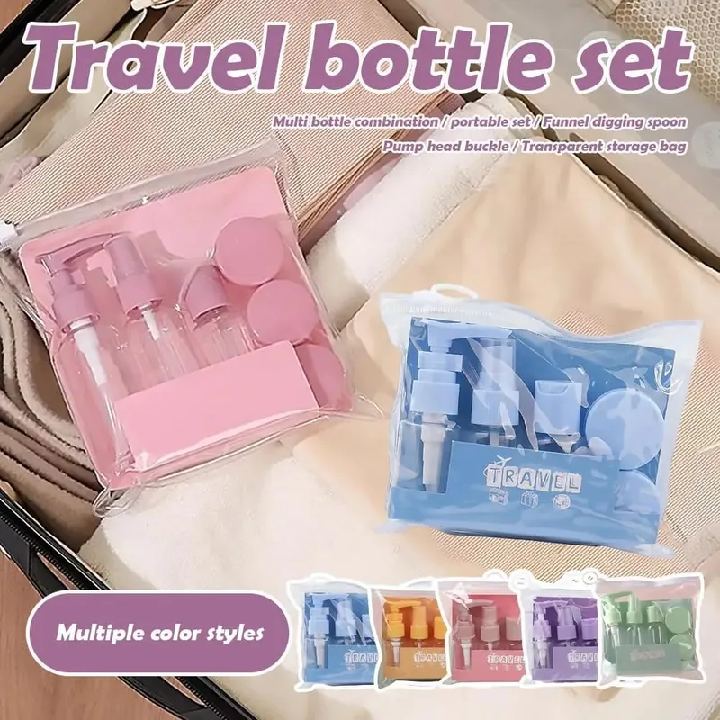 Kit da 7 flaconi da viaggio Contenitori da toilette portatili a prova di perdite Bottiglie cosmetiche trasparenti da viaggio per lozione Shampoo Crema — image 3