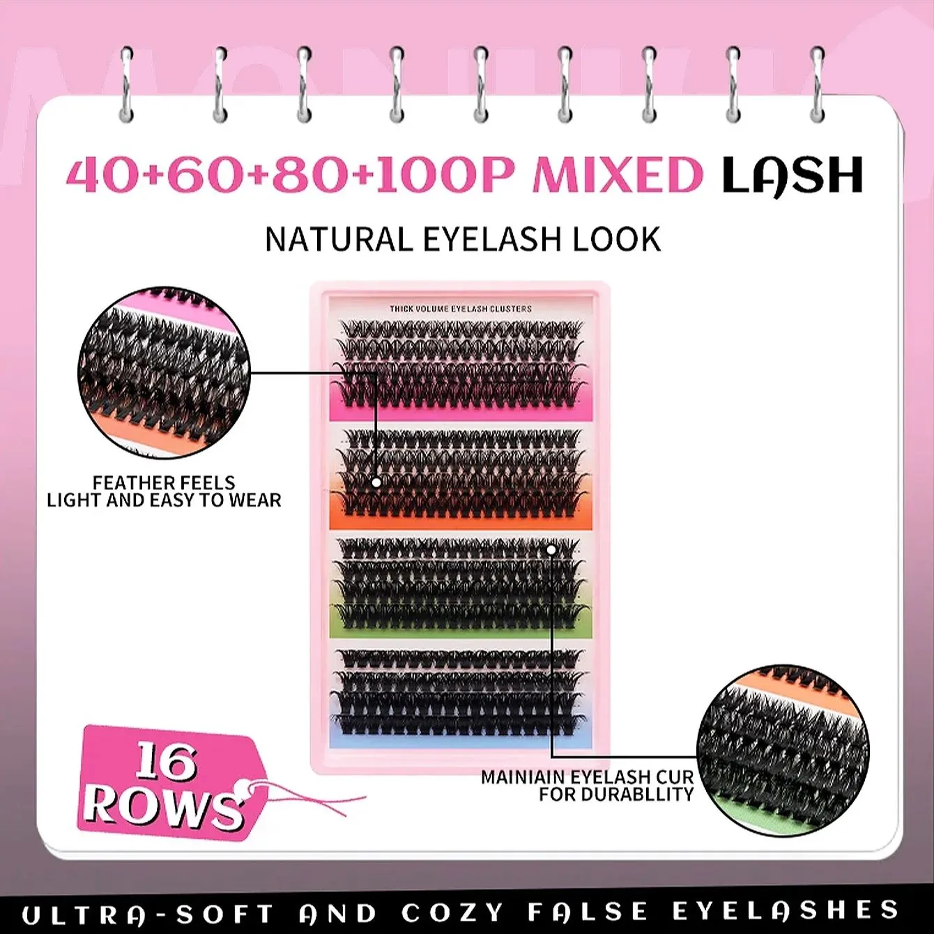 Cat Eye 16 rækker Cluster Lashes 406080100P Blandede DIY Individuelle øjenvipper Tykke Bakke DIY Eyelash Extension Wispy Volume Eyelashes — image 5