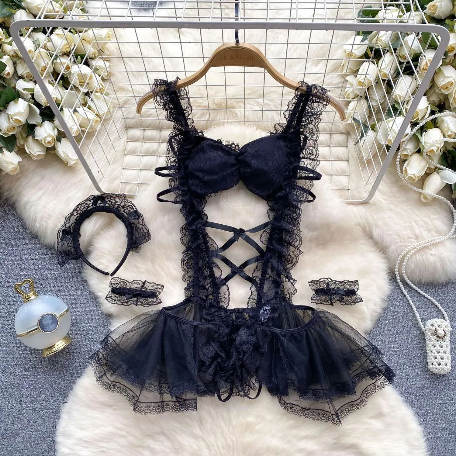 Lolita – body à bretelles avec lacets croisés, combishort ajouré en Patchwork, Double couche en maille transparente, pyjama doux pour femmes, Lingerie Sexy