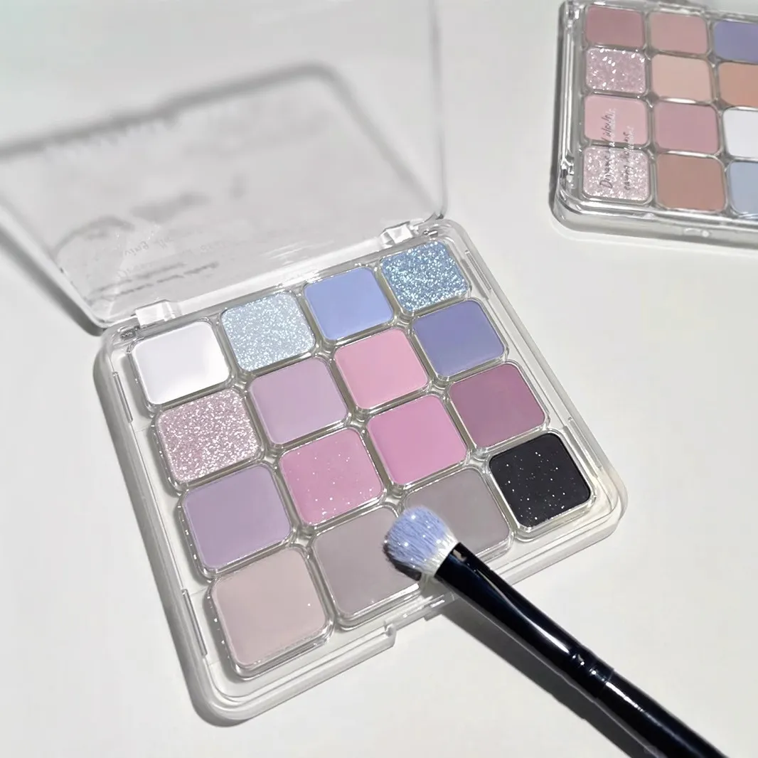 16-Farben-Lidschatten-Palette, matt, niedrige Sättigung, wasserfest, glitzernd, blauer Lidschatten, langlebiges rosa Augen-Make-up, koreanische Kosmetik
