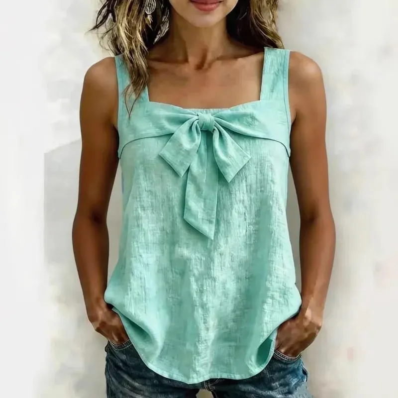Canotta da donna senza maniche con scollo quadrato, decorazione con fiocco sul davanti, canotta da donna estiva casual in tinta unita — image 5