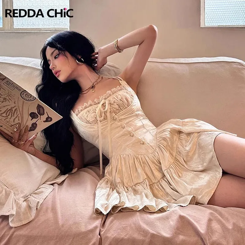 REDDACHiC Medieval Retro Satin Mini Dress & Lace Shorts Coquette Floral Corset Camisole Rompers Date Party Summer Women Clothes — image 1