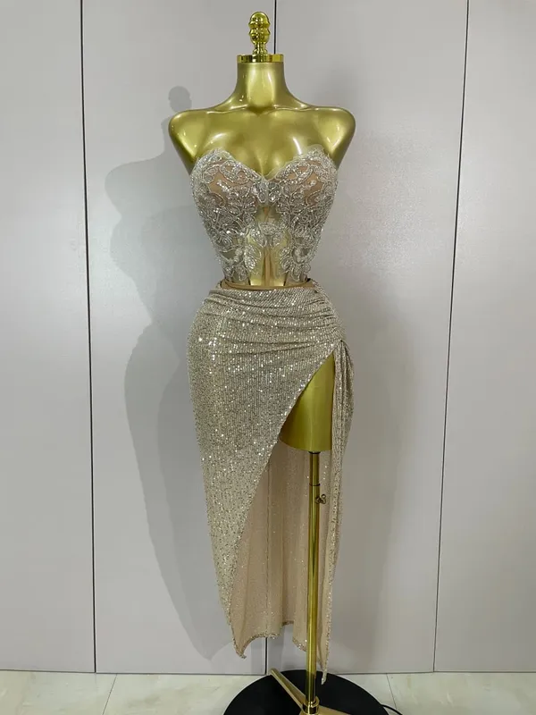 Sparkly Pailletten Perlen Sexy Liebsten Zwei Stücke Set Frauen Abend Feiern Nachtclub Party Luxus Geburtstag Kleid Bühne Kostüm