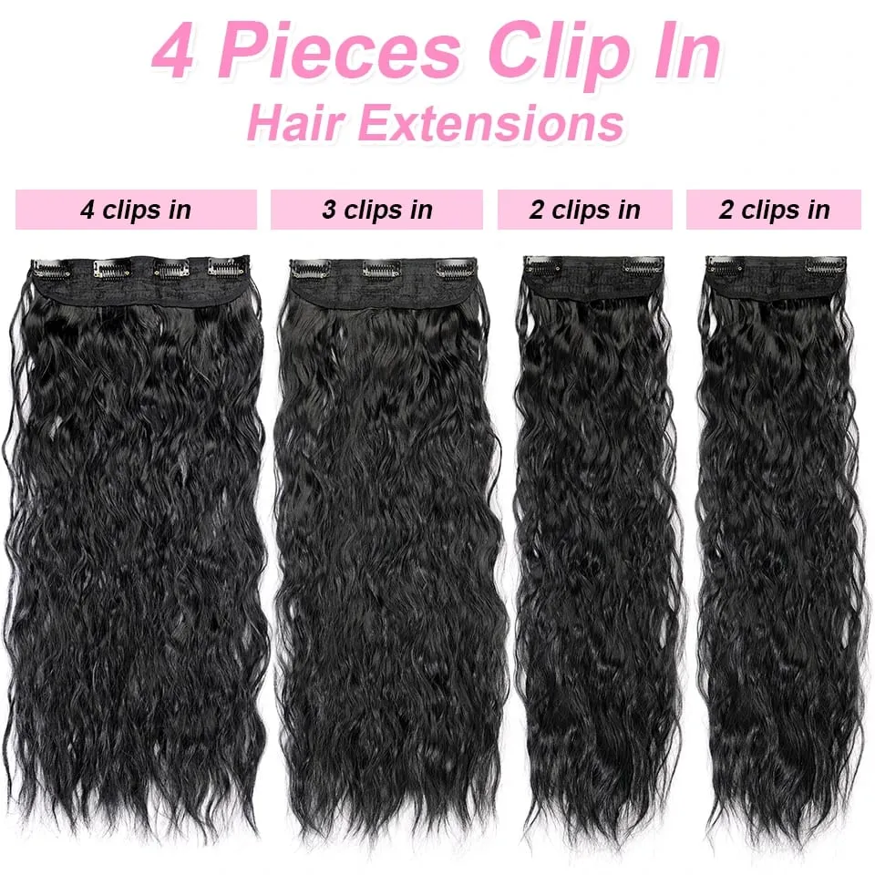4pcs / set clip dans les extensions de cheveux naturel noir maïs ondulé 20 '' longs bouclés épais postiches synthétiques pour femmes filles fête quotidienne — image 5