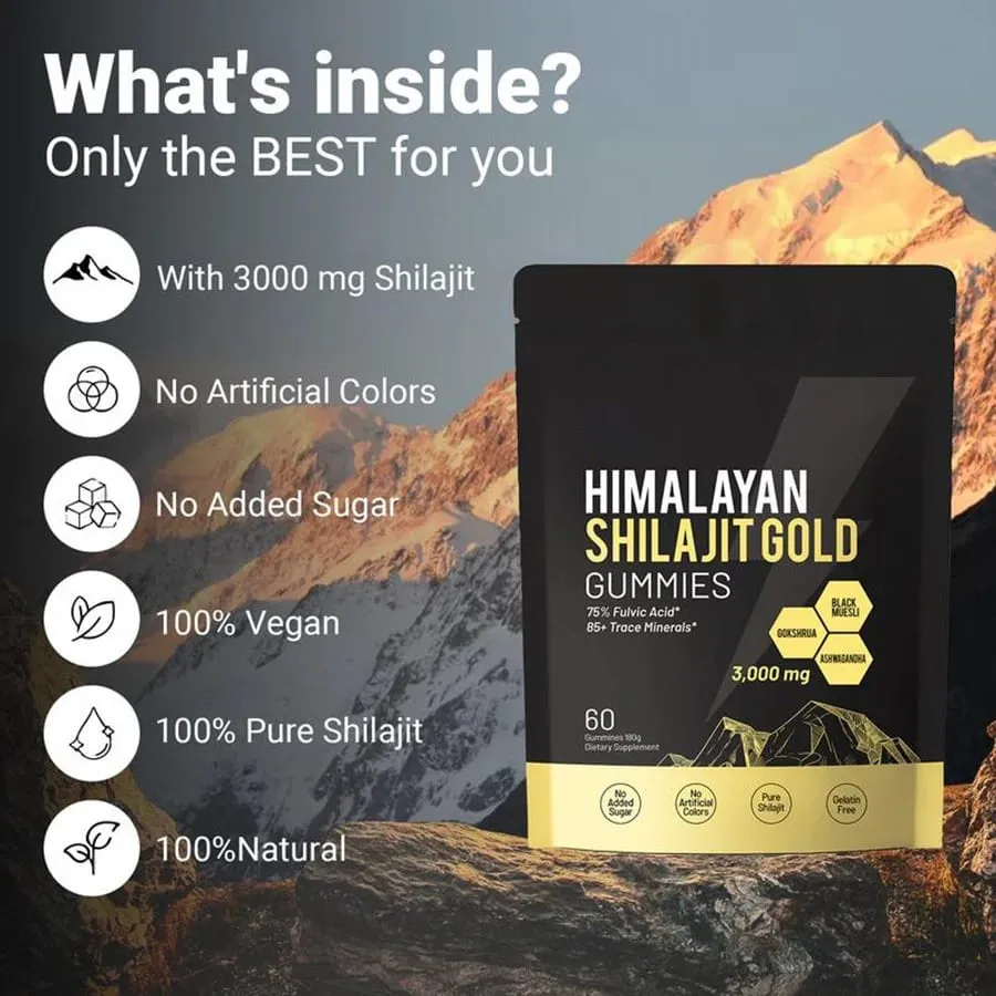 Gli integratori nutrizionali giornalieri di Shilajit Gummies puro dell'Himalaya contengono oltre 85 oligoelementi 60 pezzi per bottiglia — image 4