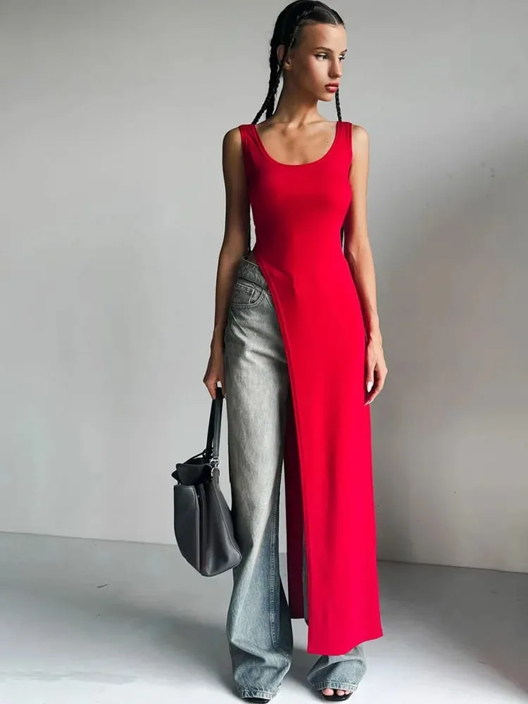 Sommer-Persönlichkeitstrend, schmale Passform, einfarbig, Straßennische, unregelmäßiger asymmetrischer Saum, ärmelloses Leibchen-Westenkleid — image 5