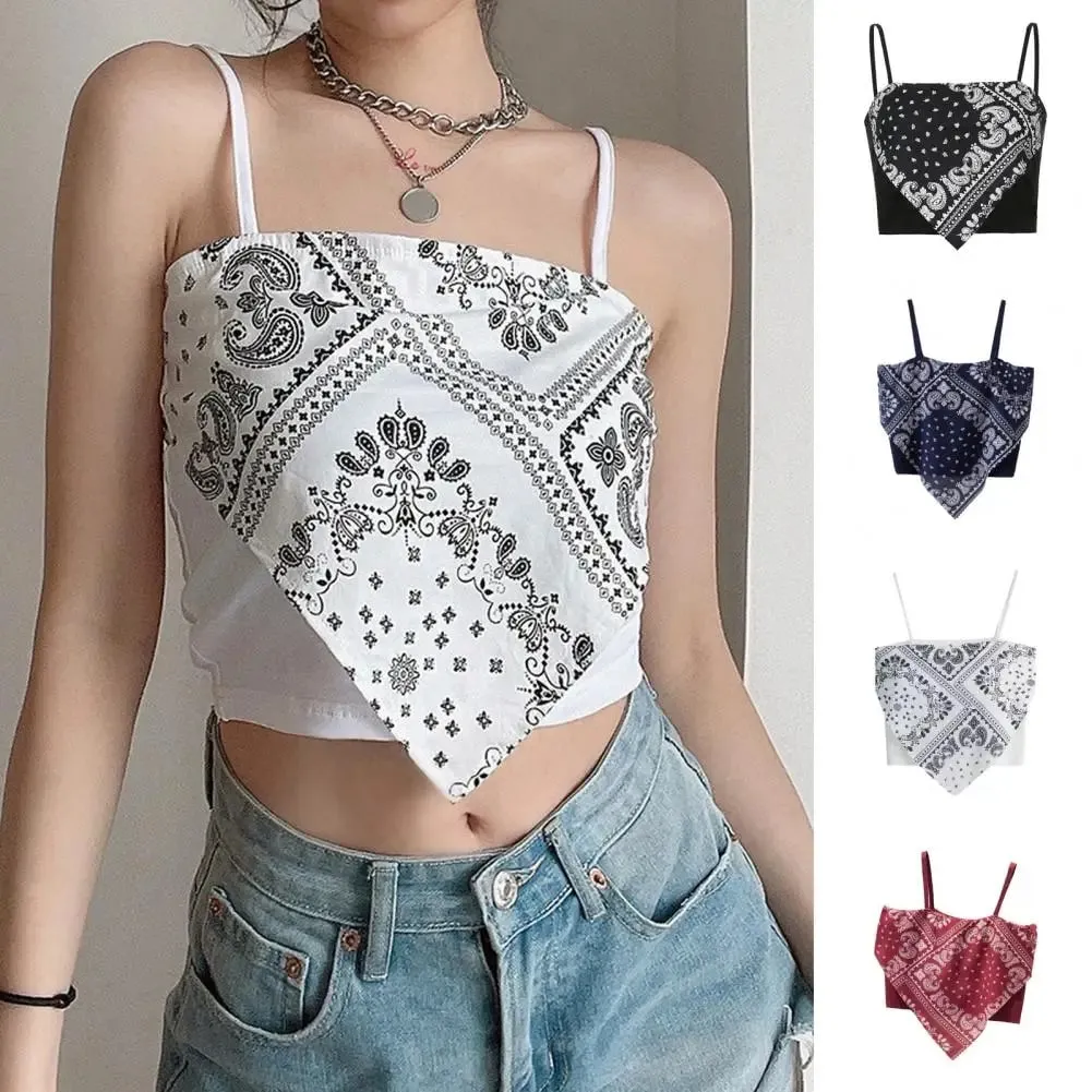 Spaghetti Strap Tank Top Sexy Backless Camisole Printed Blouse Summer Elegant Party Women Camis Korean Style Sexy Short Top
