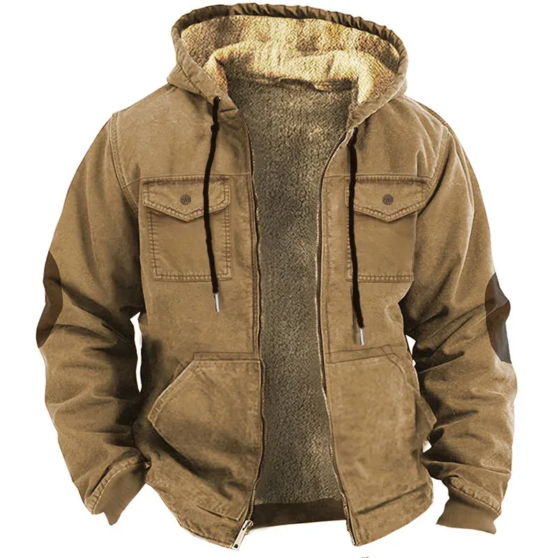 Men's Winter Fleece Hoodies Solid Patchwork Fashion Hooded Windbreaker Jacket Male Loose Work Wear Clothes Sweatshirt Outwear — image 8
