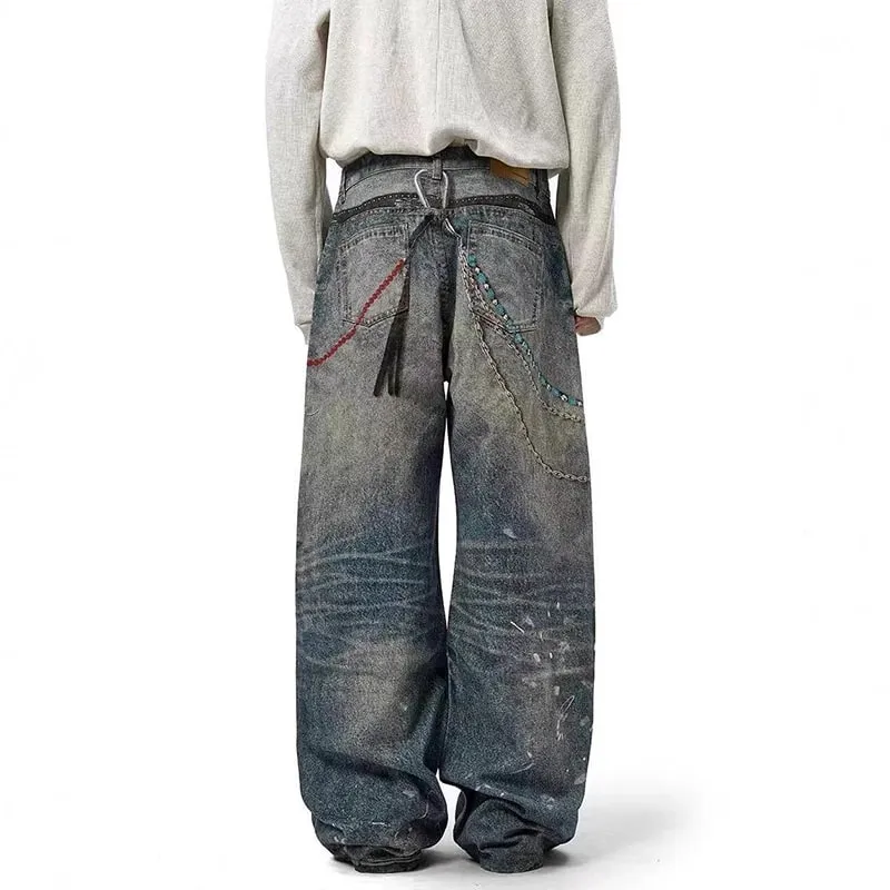 Niche Design Herren-Denim-Hosen, Kettendruck, Kontrastfarbe, Spritztinte, lässig, weites Bein, Vintage, lockere Herren-Jeans 9W4170 — image 7