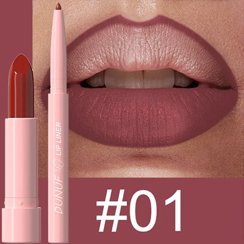 2 ชิ้น/เซ็ตลิปสติก + Lip Liner แต่งหน้าชุด Matte Nude ยาวนานกันน้ำไม่ย้อมสี Tapered Nib Lip Contour ปากกา lip เครื่องสำอาง