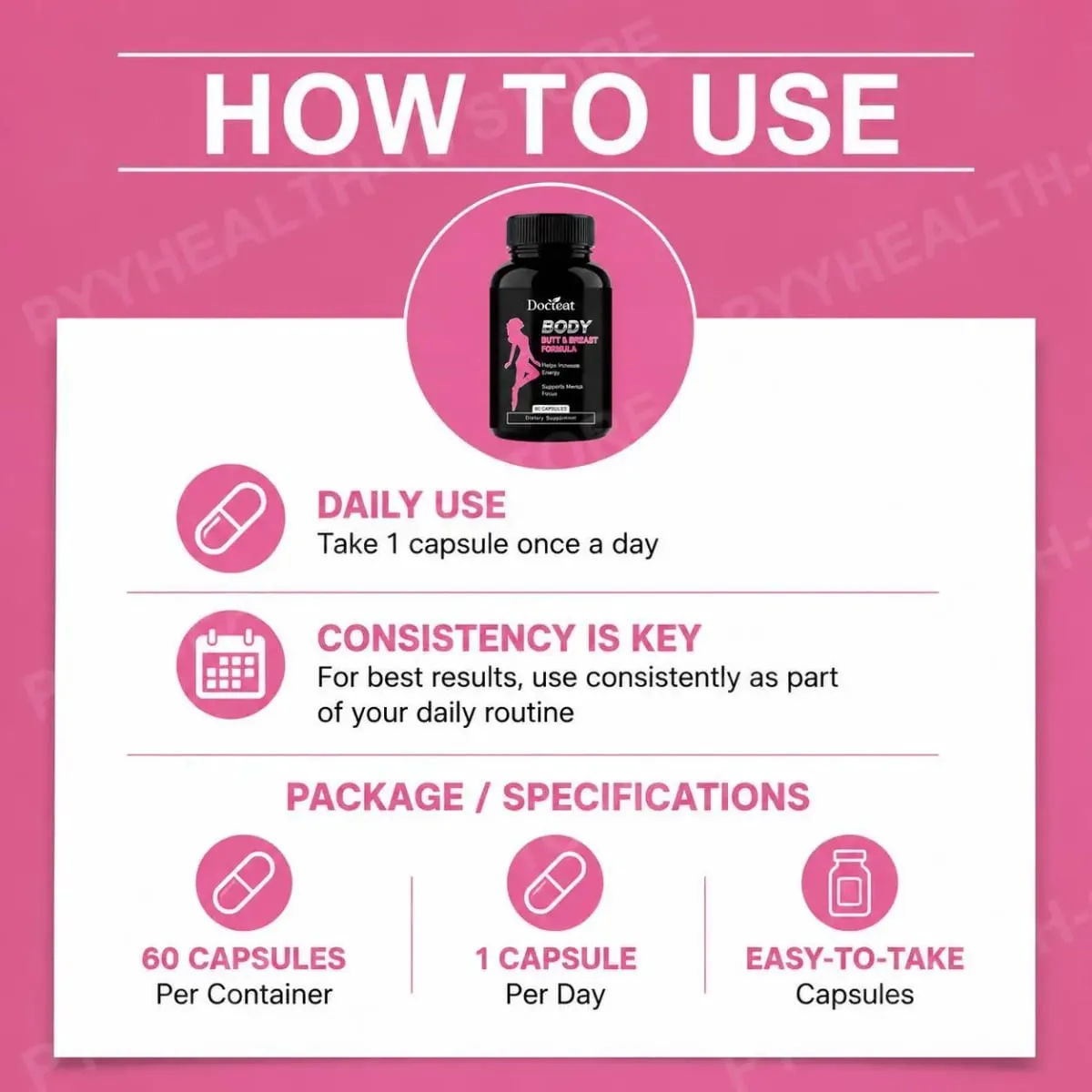 แคปซูลสูตร Docteat Body Butt & Breast ช่วยเพิ่มพลังงานและรองรับสมาธิด้วย Creatine และเวย์ 60 แคปซูล — image 6