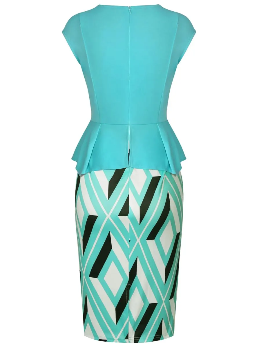 Kvinders geometri print Firkantet hals Peplum Work Office Knælængde Patchwork Business Casual Fest Blyant Bodycon Skede Kjole — image 3