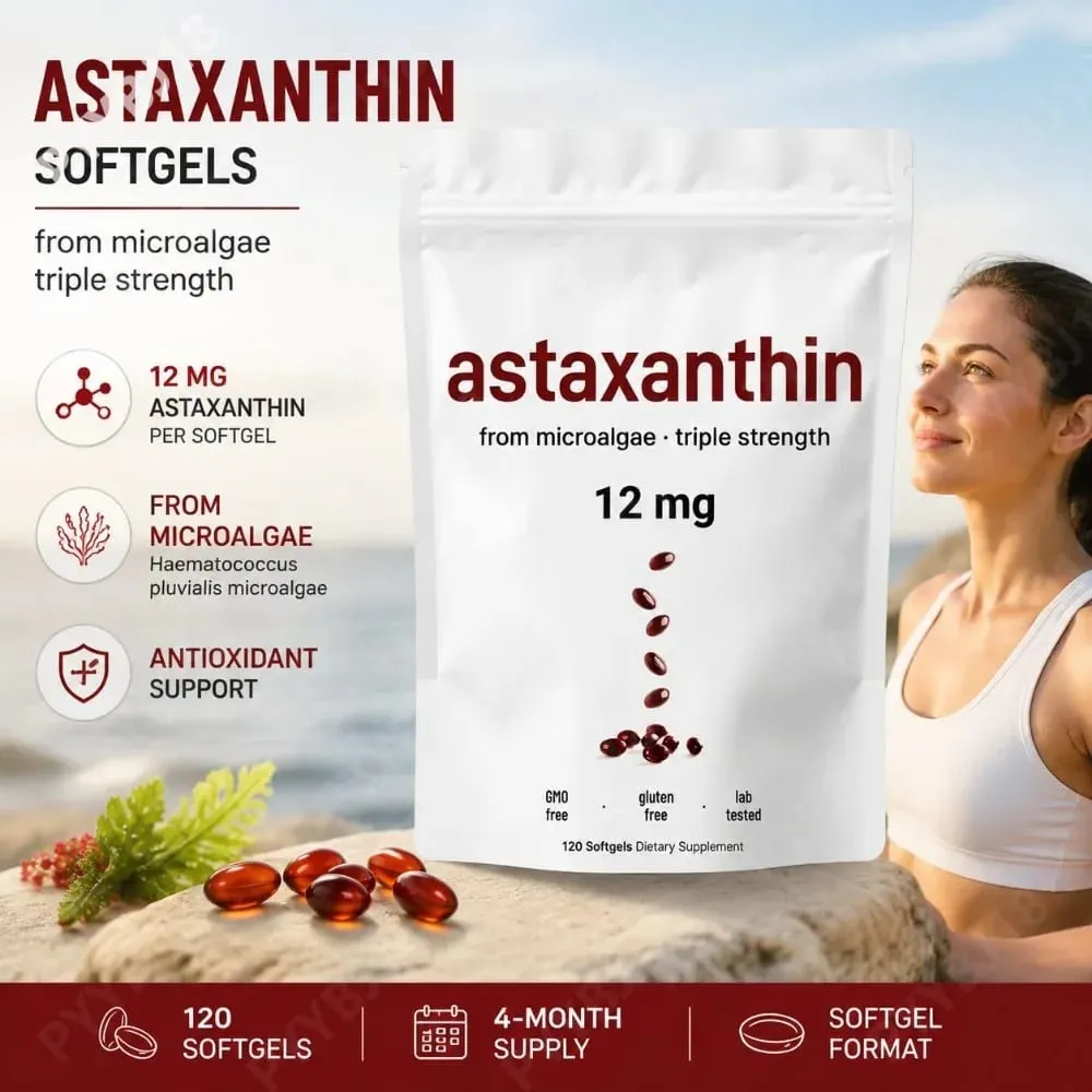 Astaxanthin 12mg měkké gely z mikrořas Triple Strength Antioxidant Supplement Cellular Wellness & Everyday Balance 120 Count — image 1