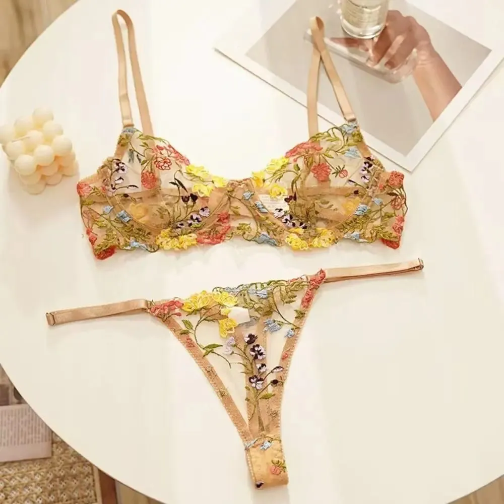 Sheer Intimates 투명 란제리 세트 울트라 얇은 우아한 자수 꽃 속옷 팬티를 밀어 브래지어 세트 허니문 — image 3