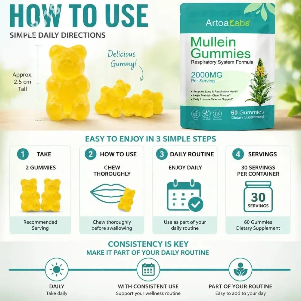 ArtoaLabs Mullein Gummies 2000mg 50:1 Extract for Respiratory Health & Clear Airways Supports Daily Immune Defense 60 Gummies — image 5